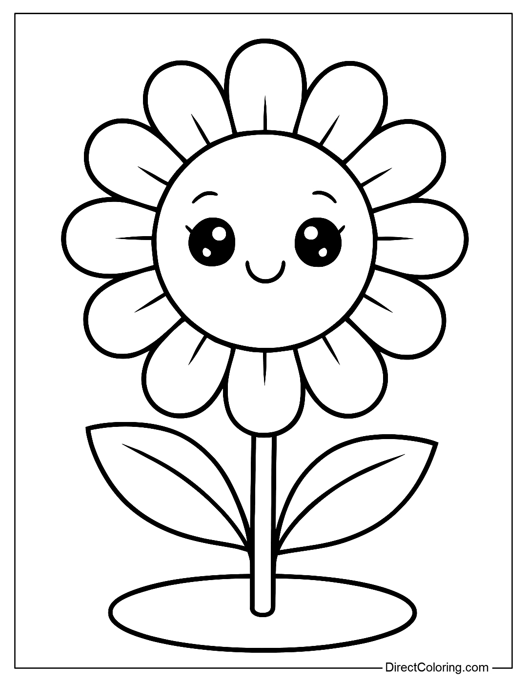 Coloring page of a big round flower with a cute face and sparkling eyes, petals arranged evenly